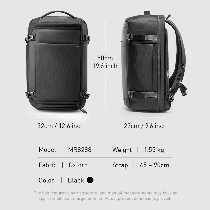 MARKRYDEN Aegis Fortress backpack with measurements and specifications